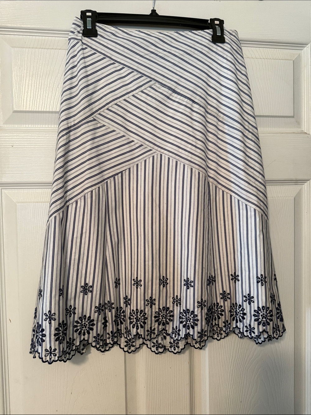 Final Touch White and Navy Striped A-Line Skirt with Floral Embroidered Hem